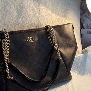 Coach Dark Brown Tote with Gold Chain